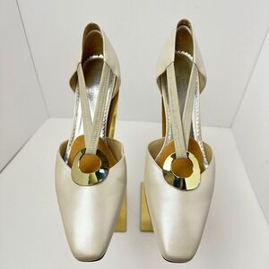 Vintage Ros Hommerson Champagne Pearl Leather T-Strap Block Heel pumps 9.5M